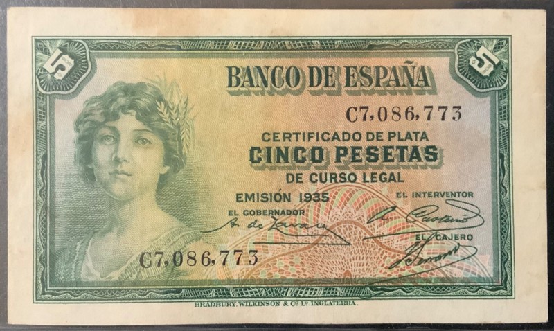 1935 SPAIN PAPER MONEY - 5 PESETAS BANKNOTE!