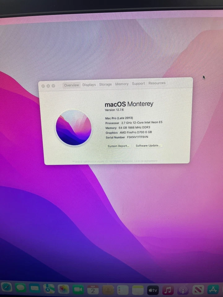 Mac Pro, 12 Core 6,1 Ivy Bridge 2.7 GHz  D700, 64GB RAM, 1TB SSD Monterey - Image 2 of 4