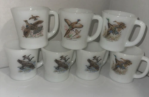 7~Fire King Vintage Milk Glass “Game Birds” Mugs, Geese, Duck, Grouse,  Pheasant