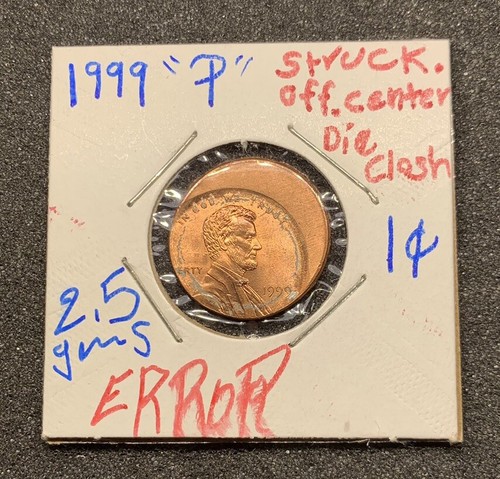 1999 1c Lincoln Cents Struck Off Center Die Clash - Picture 2 of 9