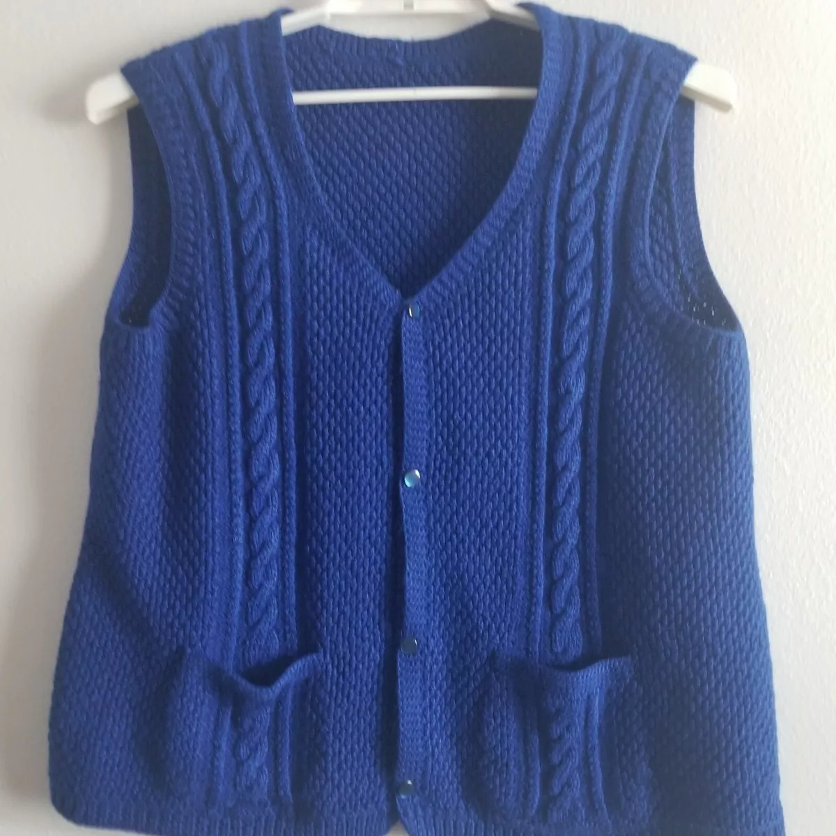 Hand Knit Crochet Sweater Vest Button Front Cobalt/Royal Blue XL Cable Pocket