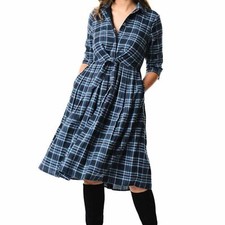 Plus size tie front cotton twill checkered shirtdress