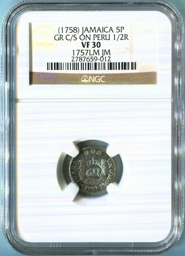 Jamaica - (1758) 5 Pence GR countermark on Peru 1/2R in NGC VF 30