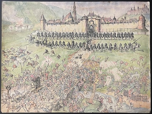 Moyen Âge siège ville infanterie et chevaliers aquarelle et encre vers 1938 - Photo 2/4