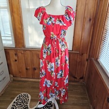 Band of Gypsies midi maxi dress red blue floral print ruffle high low medium