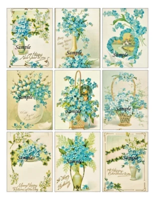Vintage Forget Me Not Flower 9 x Gift Tag Tags Craft Card Topper Birthday - image 1 of 3