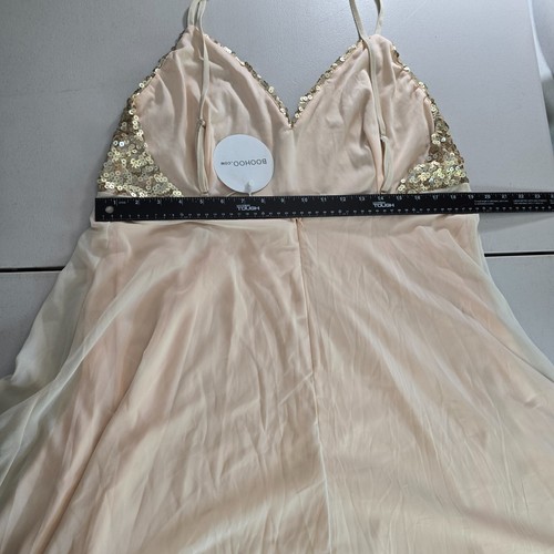 BooHoo Dress Women's 14 Pink Gold Sequins Midi Spaghetti Strap Ruffled Party NWT - Picture 13 of 21