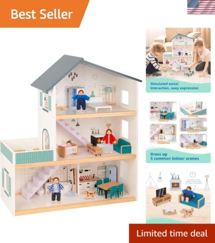Deluxe Wooden Dollhouse Playset for Kids - Includes Family Dolls and Furniture