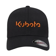 KUBOTA Tractor FLEXFIT Black Embroidered Baseball Hat Cap Flat Curved Brim