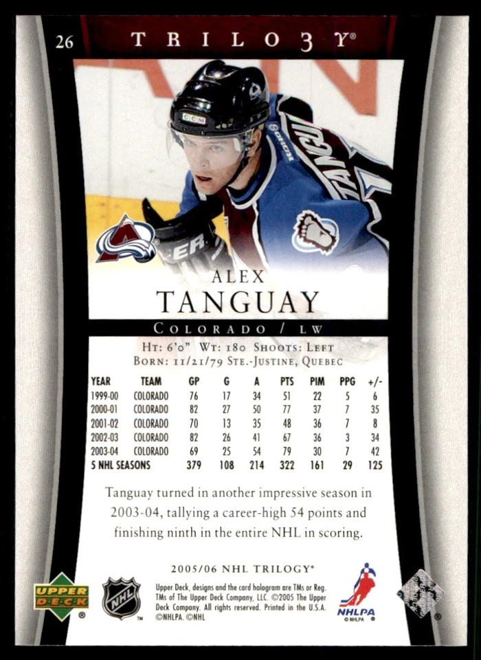 2005-06 Upper Deck Trilogy Alex Tanguay Colorado Avalanche #26 - Image 2 of 2