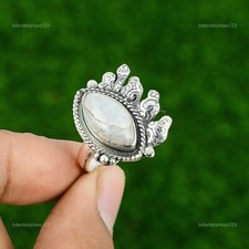 Natural Rainbow Moonstone Stackable Adjustable Ring 925 Silver For Women