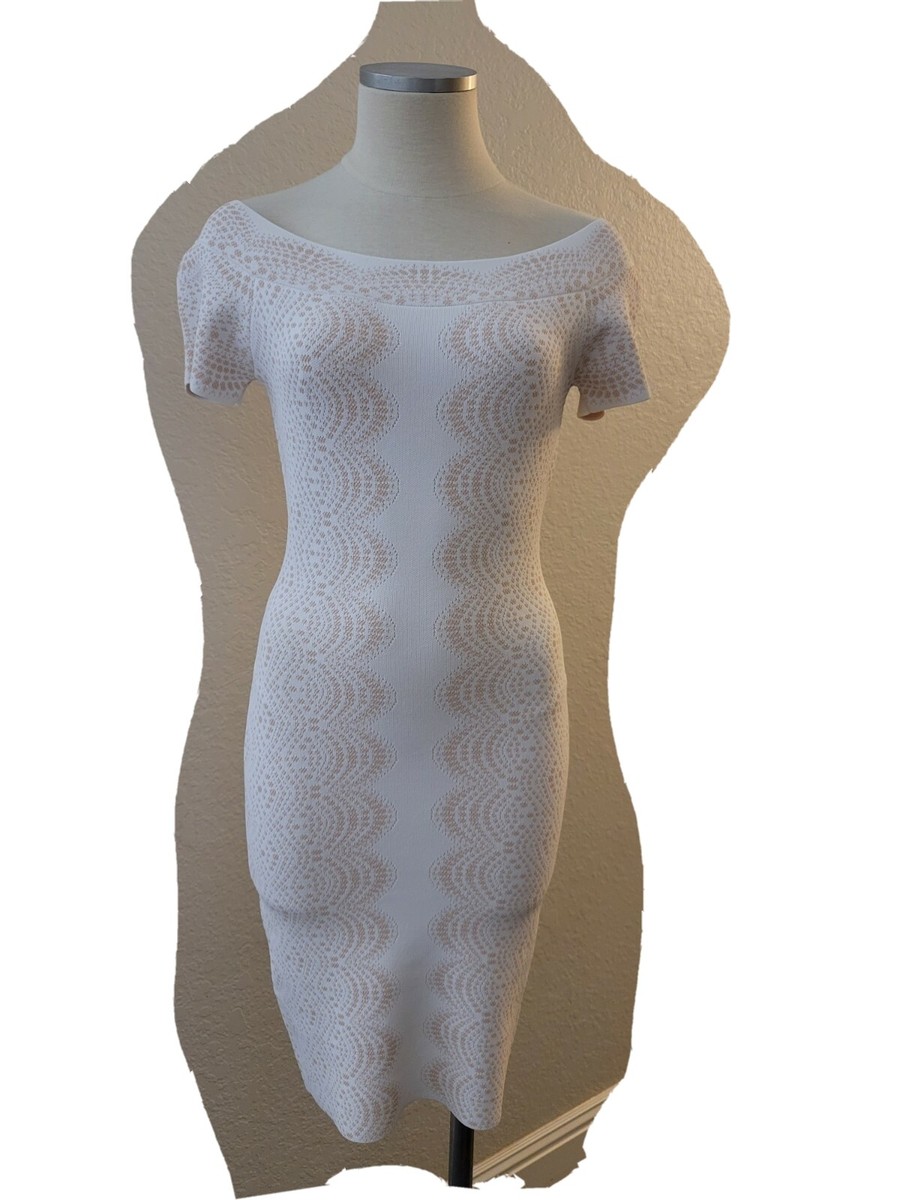 $198 BCBG MAXAZRIA White Jacquard Off Shoulder Midi Bodycon Dress Size Small
