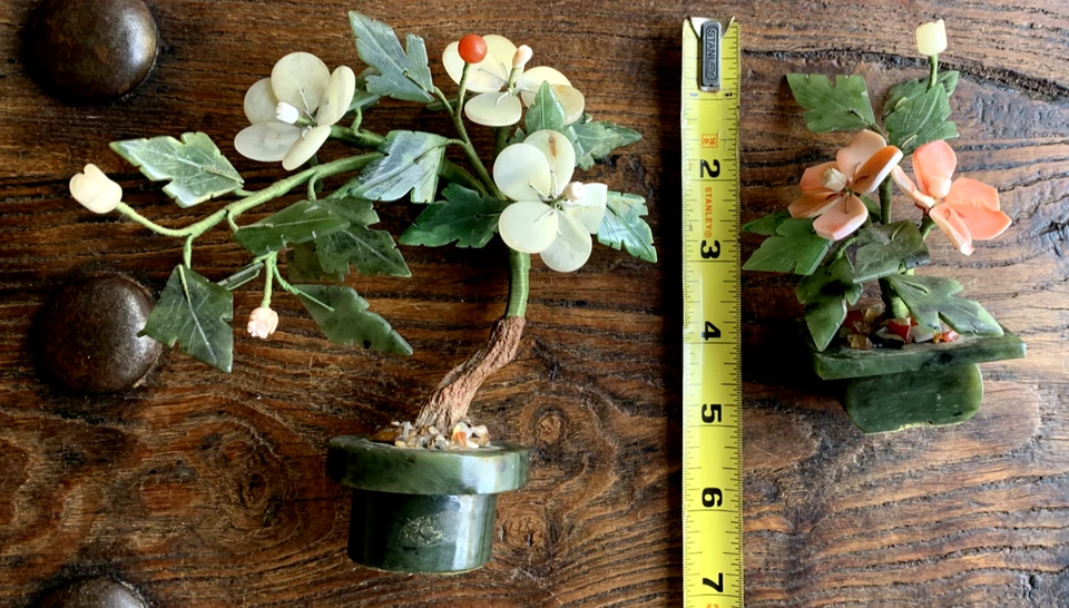 2 Bonsai Árboles Flores Alambre Verde Piedra Vidrio Chino Jade Flor Cerezo De Colección Foto 4 de 4