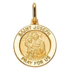 Genuine 14k Yellow Gold 0.59" Saint Joseph Round Medallion Religious Pendant