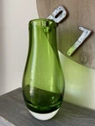 Vtg MCM Murano Style Sommerso Hand Blown Green  Art Glass 9” Bud  Vase