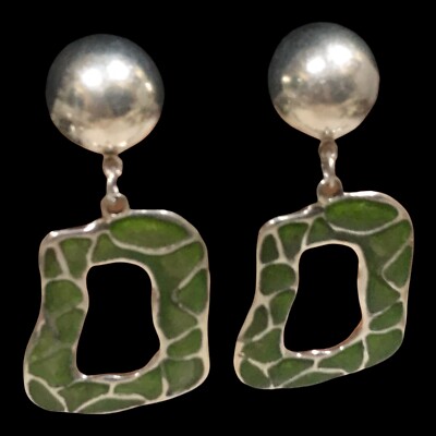 Norma Jean Designs Vintage clip Silver earrings with green resin.