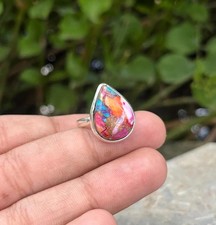 Kingman Pink Oyster Turquoise Ring 925 Silver Handmade Pear Stone Gift Jewelry