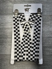 NWT VTG Hot Topic Checkered Suspenders Braces Clip Down Black White 1  X-Back