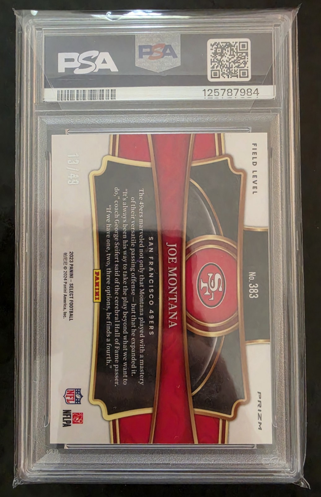 PSA 10 2023 Panini Select Field Level Joe Montana Blue Prizm #383 /49 view 3