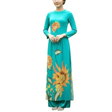 NWOT Women's Teal Blue Sunflower Print Vietnamese Ao Dai Size M