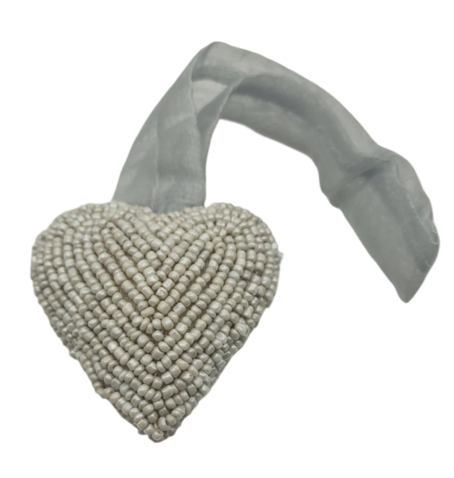 Small Ivory Handmade 3D Beaded Hanging Heart Wedding Decoration Shabby Chic - Image 4 of 4