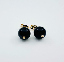 Solid 14K Yellow Gold 7mm Round Black Onyx Stud Earrings, 1.3g