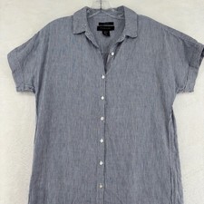 Tahari Women XS Blue White Striped 100% Linen Button Front Shirt Dress Resort Wr