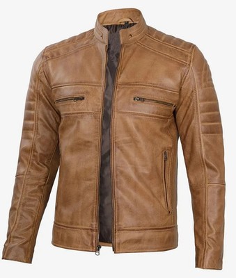 Men' Genuine Camel Brown Leather Biker Jacket
