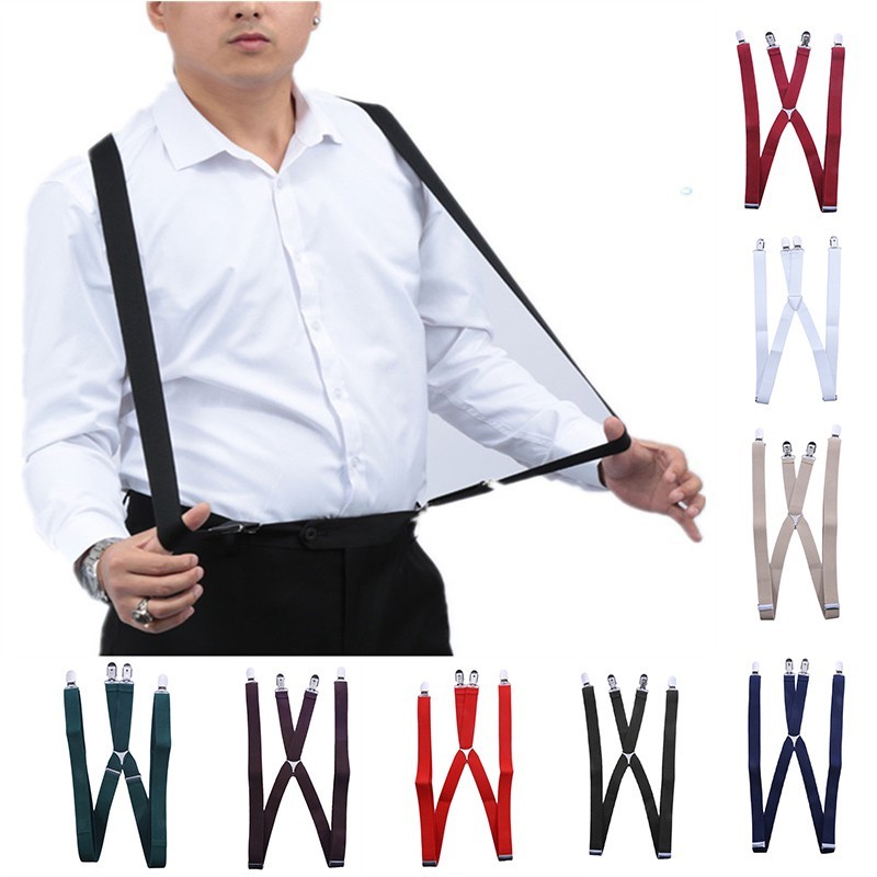 Men X-Shape Suspenders Elastic Strap Brace 3 Clips Adjustable Pants Brace TBN US