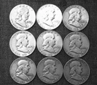 Ben Franklin Half Dollars, 90% Silver content, dated 1949 - 1963, lot of 9 coins