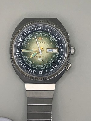 Vintage Orient World Time Automatic CS469620-72 Green Dial Dual Crown 70s Japan