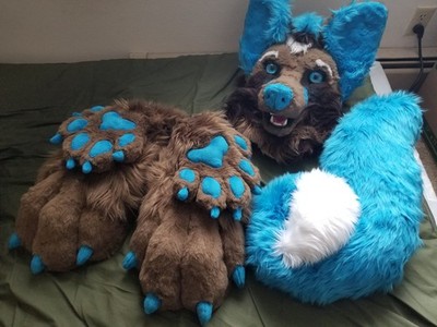 Canine Furry Suit Brown White Blue Partial Flaws Needs Work Glowing Eyes Fursona