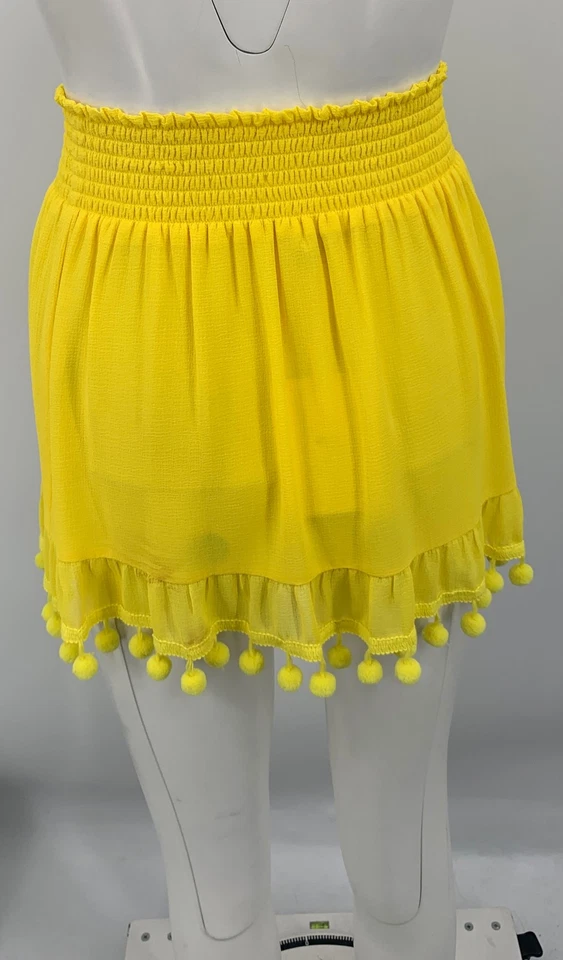 Mini-saia Ramy Brook feminina poliéster amarelo Stevie Pom-Pom cintura batida tamanho P - Imagem 2 de 4