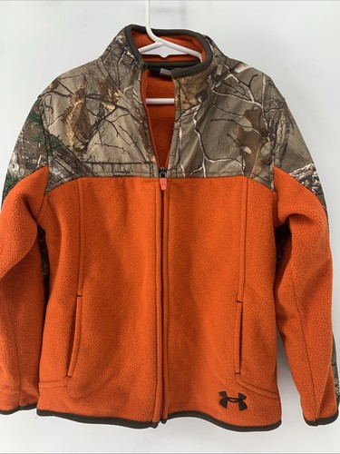 Boys Under Armour fleece zip up Camo hunting Blaze Orange Jacket Hiking Size 6