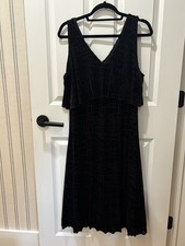 Halston Black Dress Velvet Flounce Textured Zip Back Midi Sleeveless, Size 10