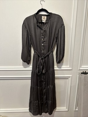 Much Et Muchette Long Tiered Belted Button Down Green Dress One Size
