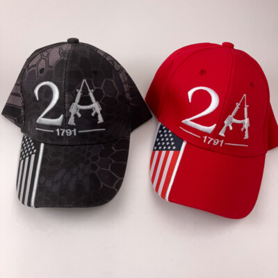 Lot of two second amendment 1791 hats 2A with rifles 1 black 1 red American flag
