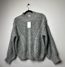 FRNCH Paris Gray Metallic Blue Mock Neck Slouchy Cable Knit Sweater - Size SM