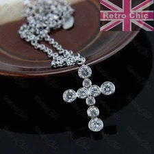QUALITY CUBIC ZIRCONIA CROSS pendant chain NECKLACE 18KGP silver tone CZ crystal