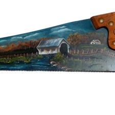 Covered Bridge Painted Hand Saw Country Farm Folk Wall Art Signed Primitive