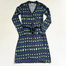 Boden Elodie Blue Green Black Geometric Print Midi Long Sleeve Wrap Dress 6R