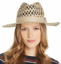 New Womens Aqua Wide Brim Natural Straw Fedora Floppy Sun Hat Made in Italy