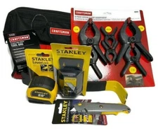 Stanley Tool Set 25ft Tape Measure Utility Knife Blades Pry Bar Bag Clamps Lot