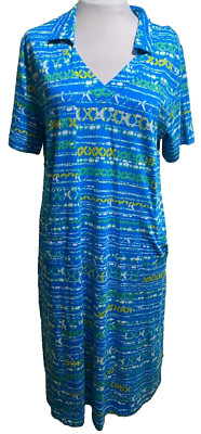 Adini 100% cotton jersey dress short sleeves V neck with collar pockets Size L