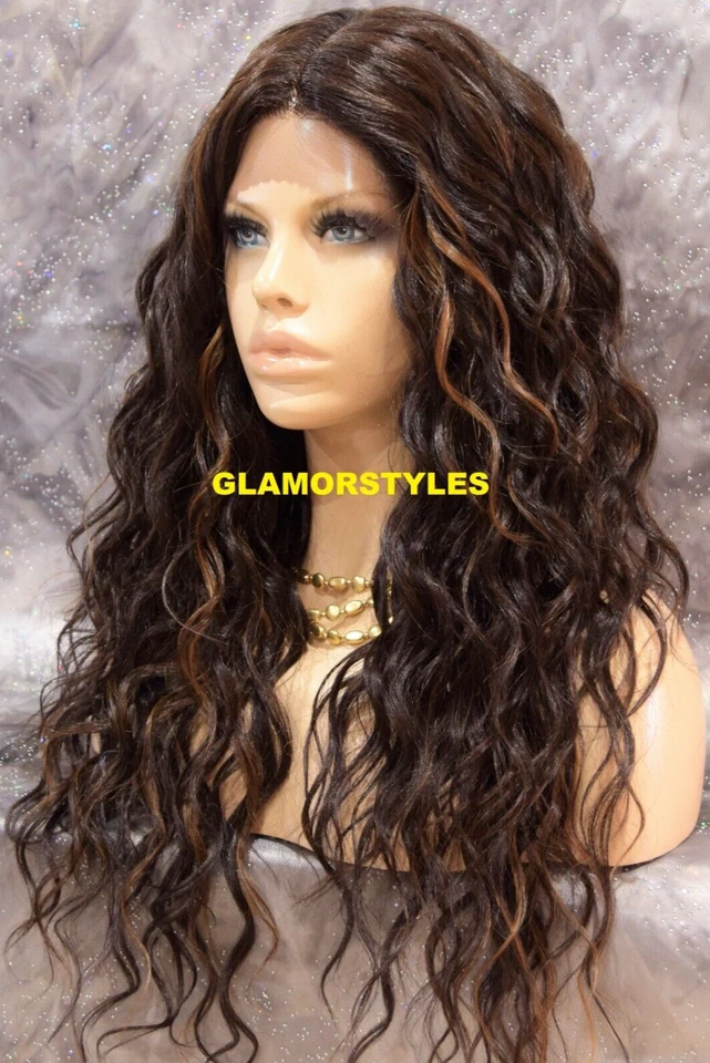 PERUCA COMPLETA FRENTE DE RENDA LONGA CAMADA ONDULADA PARTE MÉDIA MARROM AUBURN MIX CALOR OK NOVA COM ETIQUETAS - Imagem 2 de 4