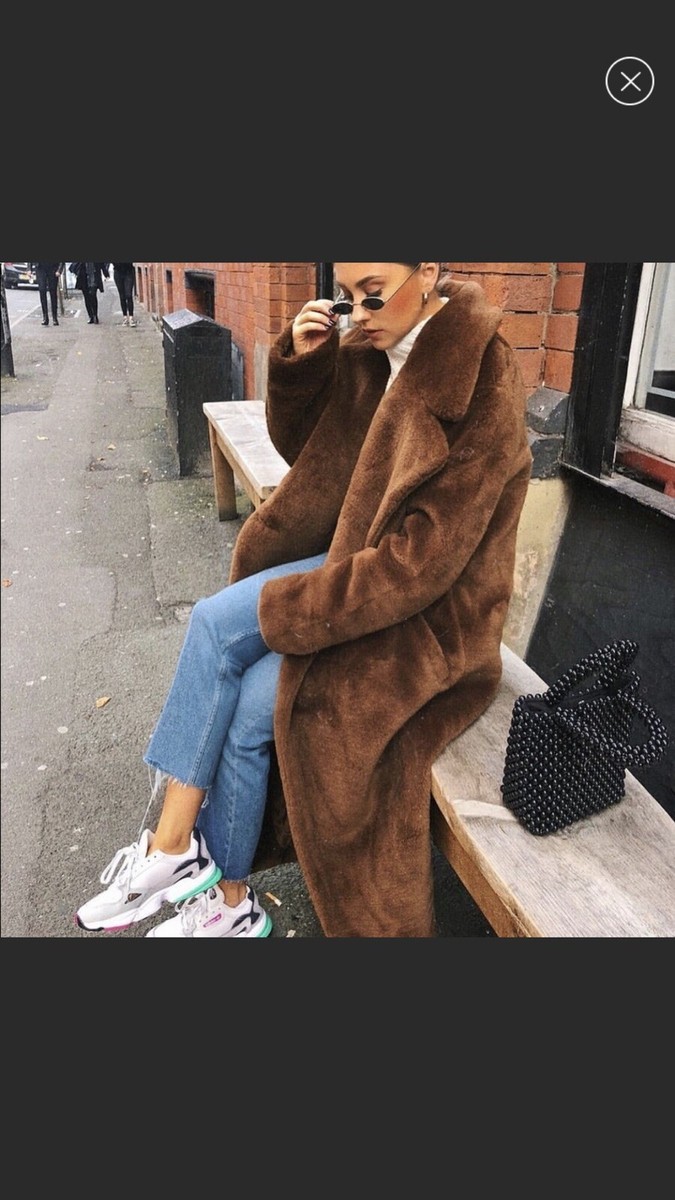 h&M Brown Faux Fur Long Coat Teddy Trench Jacket Xs S