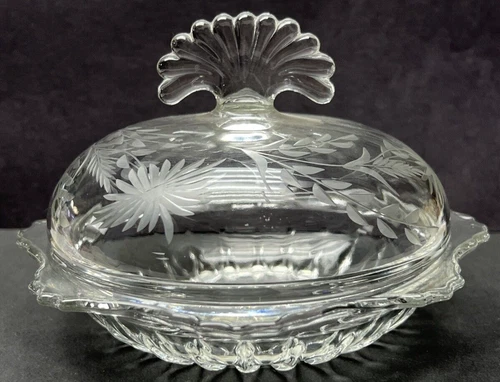 Vintage New Martinsville Glass Radiance Covered Butter Cheese Dish Etched Hand