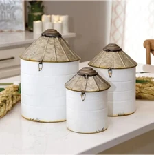 White Rustic Silos Canisters / Set of 3 Containers - Primitive Country Farmhouse