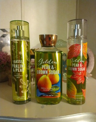 Rare BBW Toasted Praline Pear + Golden Pear Brown Sugar Body Spray Mist+ Gel Set