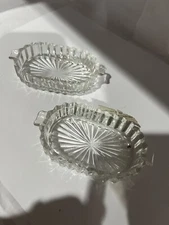 2 Clear Glass Open Salt Cellar Oval Scalloped Sides Vintage
